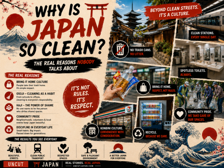 Infographic explaining why Japan is so clean featuring Japanese streets, trains, public toilets, community cleaning, and cultural habits behind Japan’s cleanliness.