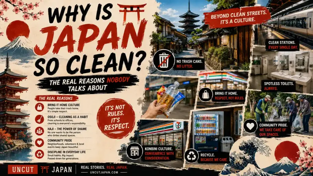 Infographic explaining why Japan is so clean featuring Japanese streets, trains, public toilets, community cleaning, and cultural habits behind Japan’s cleanliness.