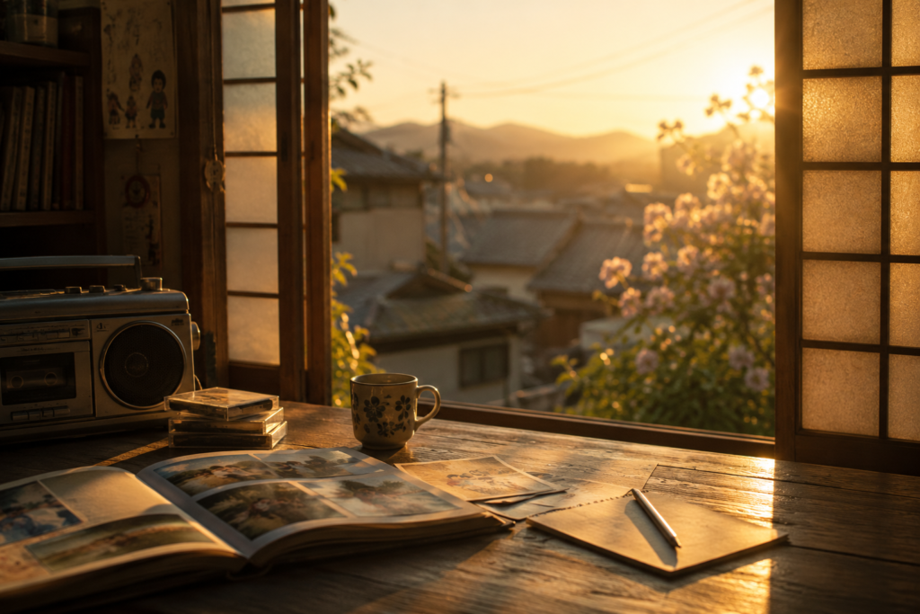 A peaceful Japanese room bathed in golden evening light. Old photo albums, cassette tapes, and a cup of tea rest on a wooden table beside an open window. The scene captures the essence of Natsukashii (懐かしい)—the warm, comforting nostalgia that comes from remembering meaningful moments from the past.