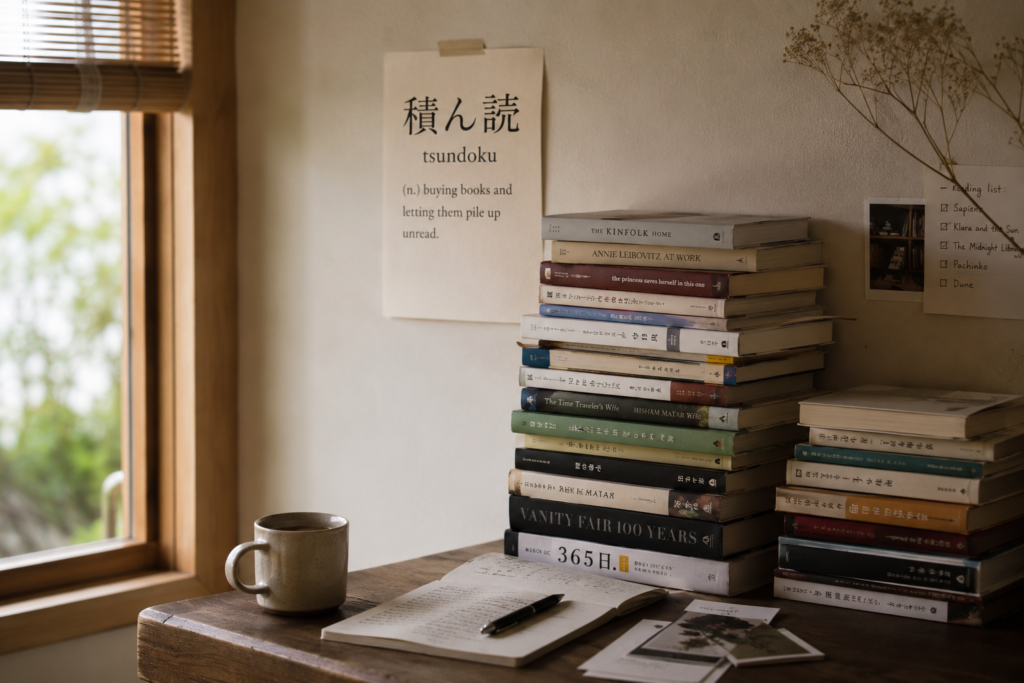 This image captures the essence of Tsundoku (積ん読) — the Japanese concept of collecting books faster than you can read them. The growing stacks of books, quiet atmosphere, and inviting workspace reflect the hopeful optimism of every reader who says, "I'll get to that one next."