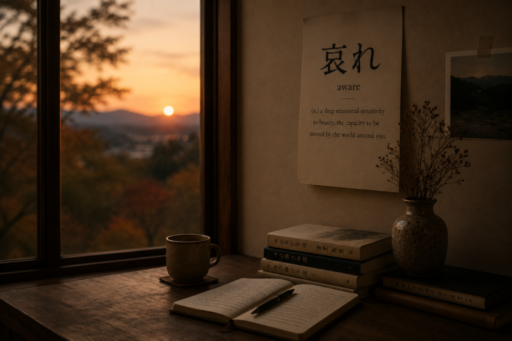 A peaceful room illuminated by the golden light of sunset. An open journal, stacked books, and a quiet view of distant hills create a reflective atmosphere that captures the essence of Aware—the Japanese concept of being deeply moved by beauty and life's fleeting moments.
