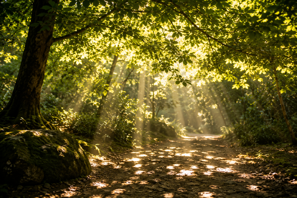Golden sunlight filtering through forest leaves, creating dappled patterns of light and shadow on a woodland path.