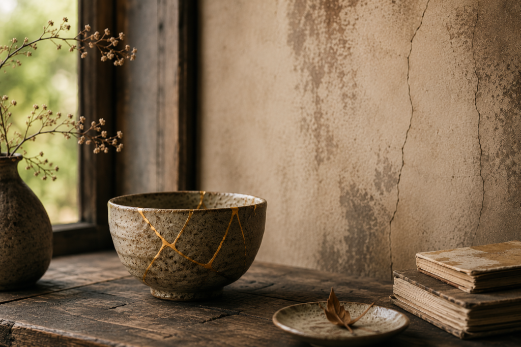 Traditional Japanese ceramic bowl repaired with gold kintsugi cracks, symbolizing the Wabi-Sabi philosophy of embracing imperfection.