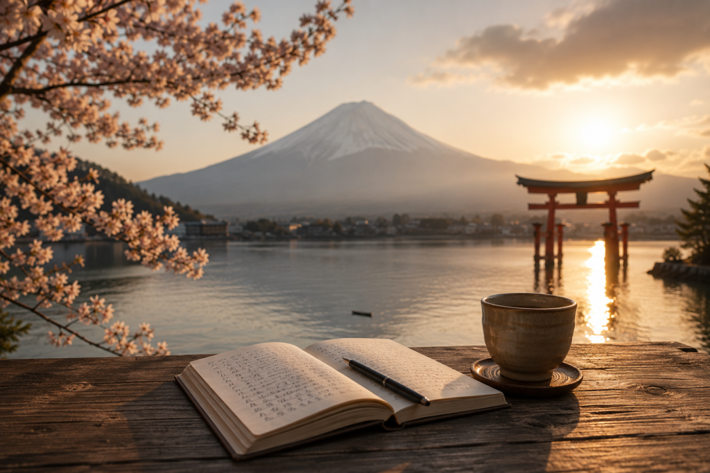 Open journal beside a tea cup overlooking Mount Fuji and a torii gate at sunrise, symbolizing Ikigai and finding purpose in life.