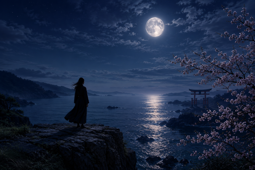 A solitary figure stands on a moonlit cliff overlooking the ocean beneath a full moon, capturing the Japanese concept of Yūgen.