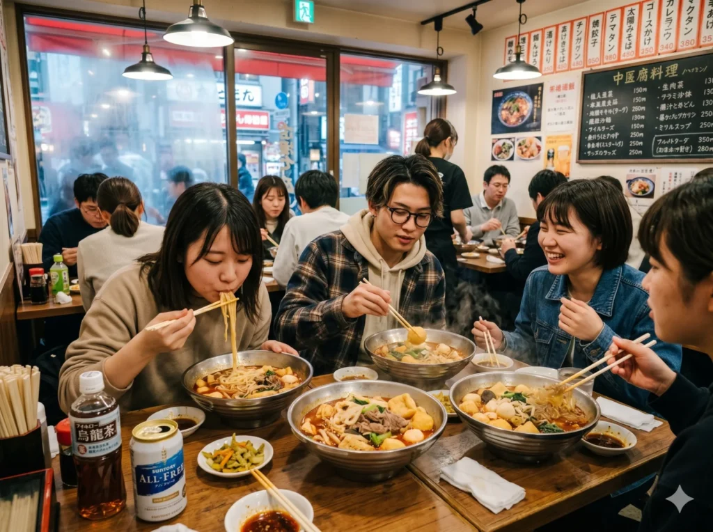 Young Japanese friends eating malatang together in a busy Tokyo restaurant, highlighting the Chinese food trend popular among Gen Z in Japan.