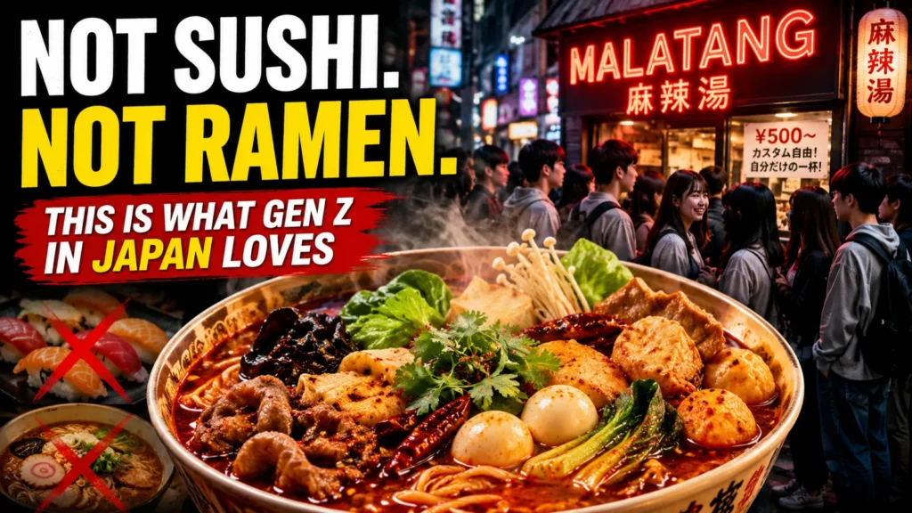 Crowd of young Japanese people lining up for malatang in Tokyo, highlighting the Chinese spicy broth trend that has become popular among Gen Z in Japan.