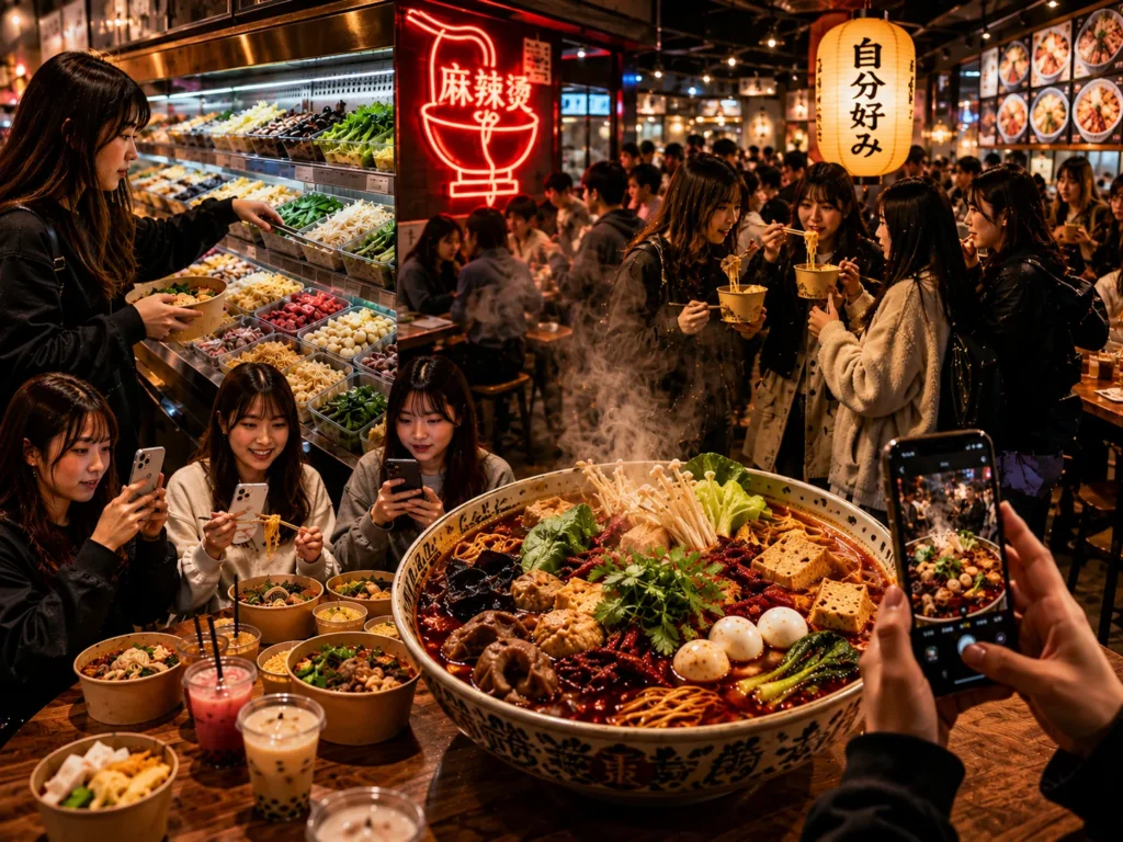Young Japanese people enjoying malatang in a busy Tokyo restaurant, showcasing the Gen Z food trend that is reshaping Japan's dining culture.