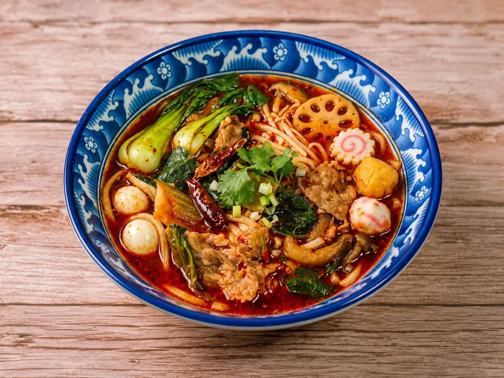 Bowl of malatang featuring spicy Sichuan broth, noodles, vegetables, mushrooms, fish balls, and meat, the Chinese street food trending among Gen Z in Japan.
